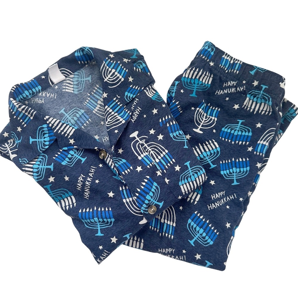Old Navy Pajama Set Kids L 10-12 Blue Hanukkah Menorah Star Holiday Sleepwear